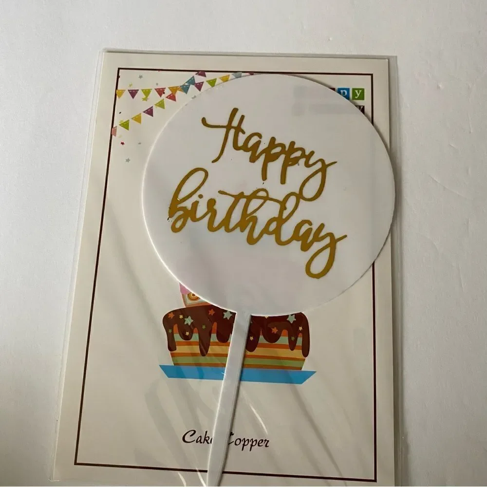 Happy birthday cake topper gold calligraphy acrylic plexi glass-4” 5 pack
